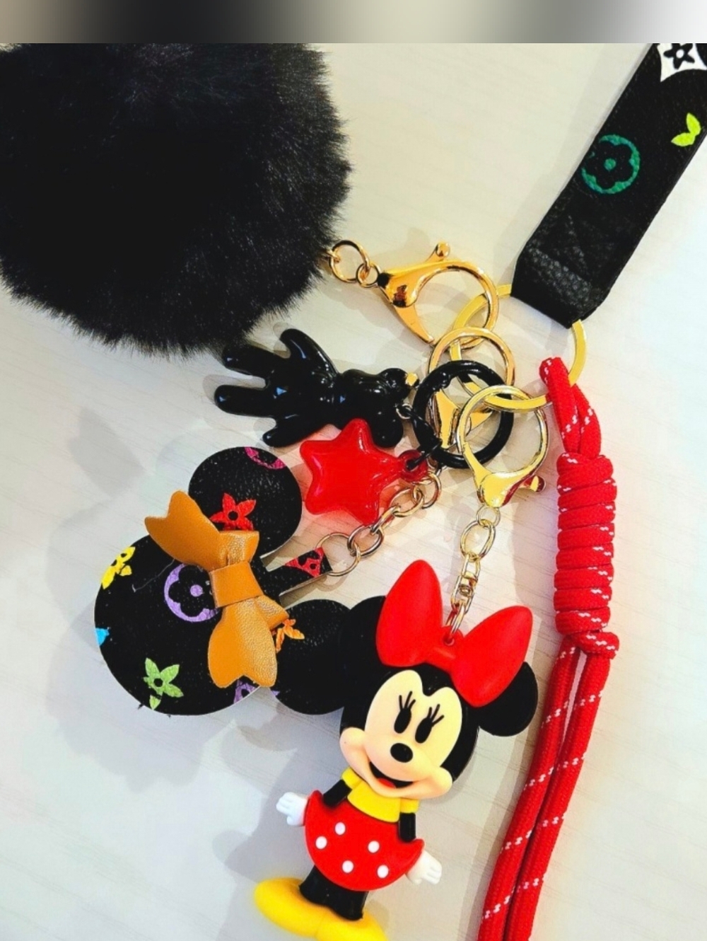 Mouse Red Bow Keychain Charm Bunch with Pom Pom